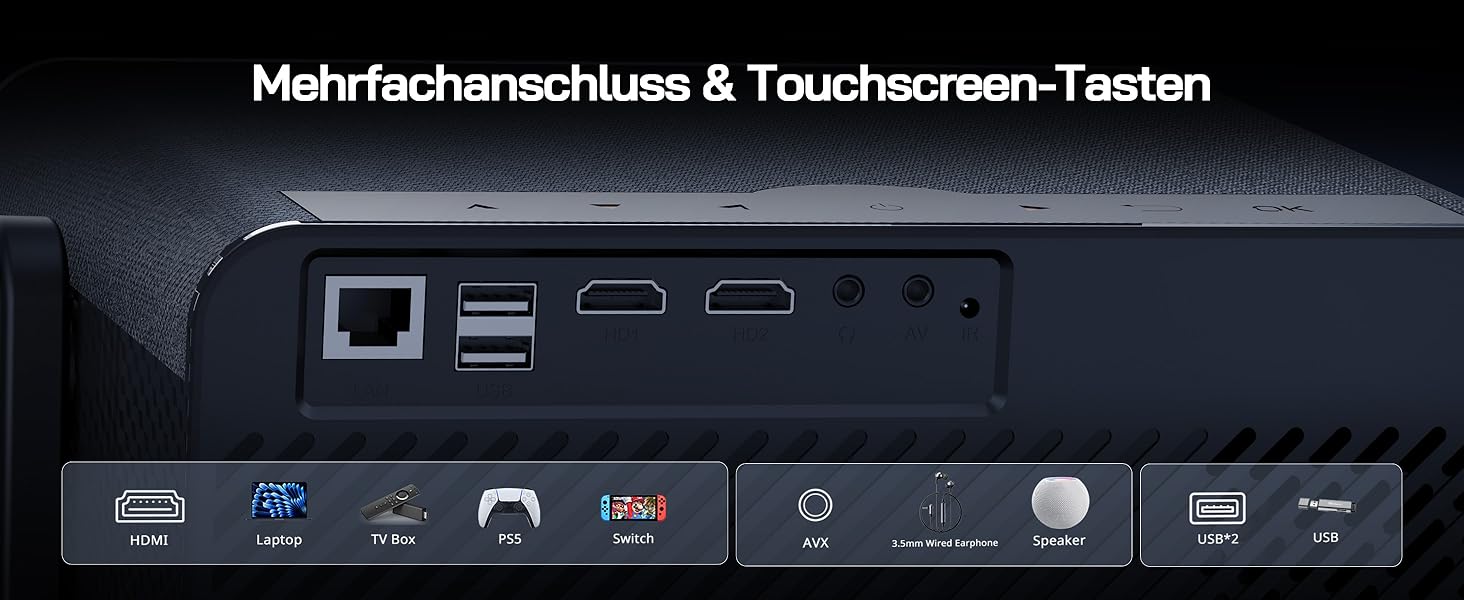 Міні проектор WOLFANG 4K з автофокусом та корекцією трапеції, 28000 люмен, WiFi 6, Bluetooth, для домашнього кінотеатру, 180° підставка, підтримка iOS/Android, для показу на вулиці