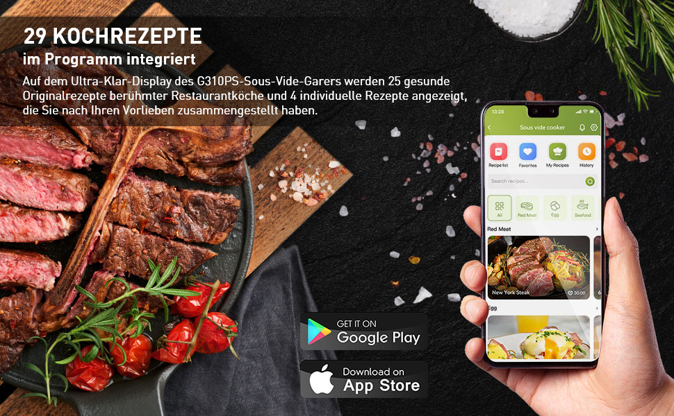 Sous Vide занурювальний циркулятор KitchenBoss G310PS-SC: точний контроль температури, Wi-Fi, LED дисплей, 1100W, IPX7 водонепроникність