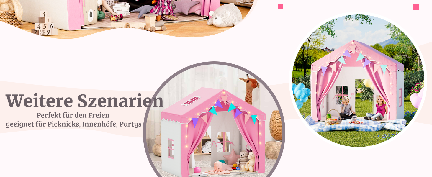 Дитяче намет-ігровий будиночок EROMMY 2-в-1 з килимком, прапорцями та світлодіодними смугами, з двома дверцятами, з даховим віконцем, для дому, 3+ роки (Рожевий)