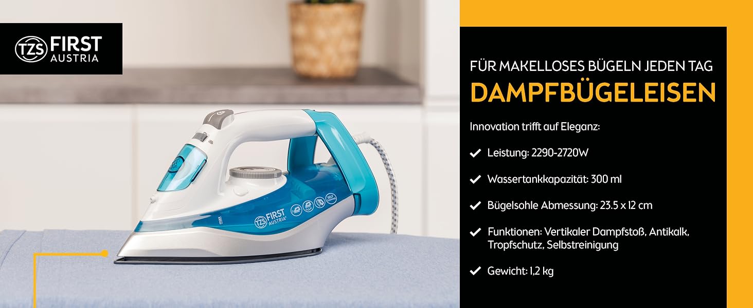 Пароочисник TZS First Austria I 2290-2720W | Керамічна підошва, Самоочищення, Вертикальна пара, Anti-Kalk, Сухе прасування, 0,3л резервуар, 1,2 кг, Чорний/Білий