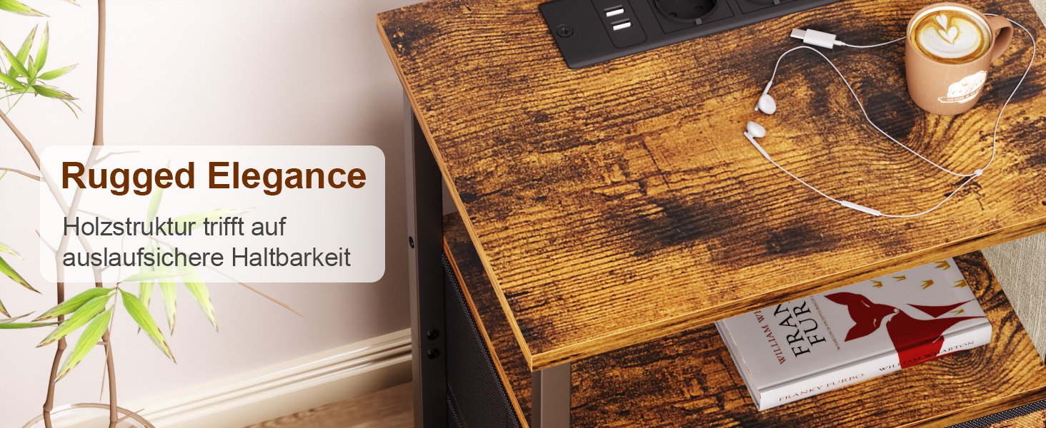 Нічний столик AMHANCIBLE з зарядкою, приліжний столик з висувними ящиками з тканини, журнальний столик з відкритою полицею, з 2 USB-портами та 2 розетками, для спальні, вітальні, HETS020GY-1 (Коричневий)