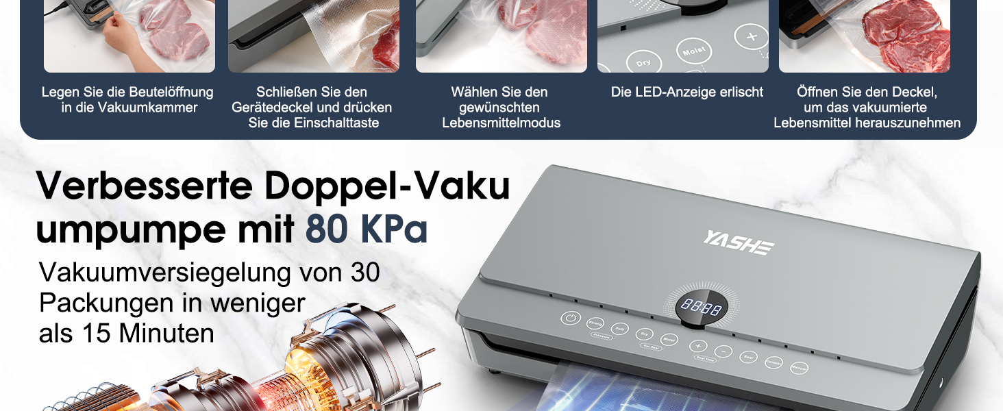 Вакууматор YASHE 80KPA з магнітною кришкою, 10-в-1 вакуумний пакувальник для продуктів з подвійним швом, подвійним насосом та відсіком для рулонів, сірий