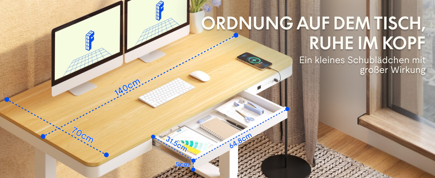 Електричний регульований стіл FLEXISPOT з USB та ящиком, зі скляною стільницею (140x70 см, білий)