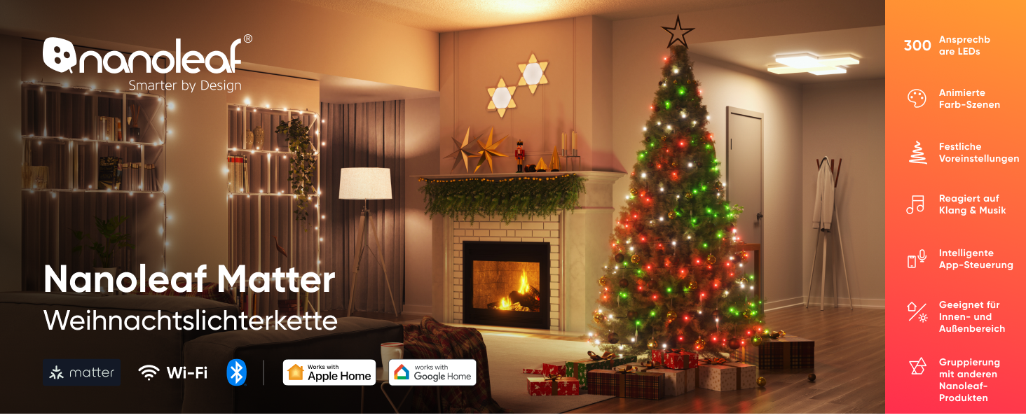 Nanoleaf Holiday String Lights Outdoor - 25 метрів, 300 LED, 18W, EU Smarte Lichterkette Pro