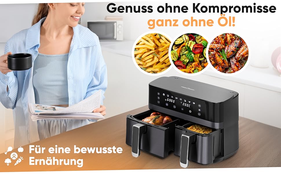 Аерофритюрниця ProfiCook PC FR 1295 H з двома камерами та системою одночасного приготування, 9 л, антипригарне покриття