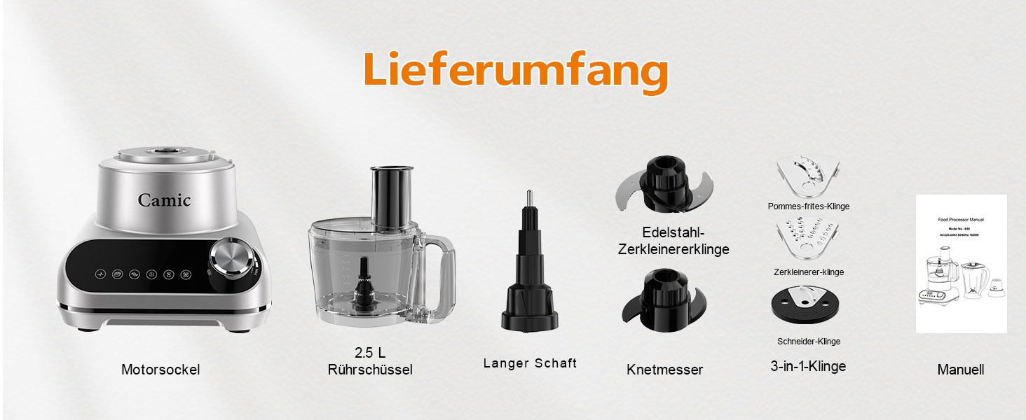 Кухонний комбайн Camic 1500W з мискою 2.5л, 6 програм, подрібнювач, нарізач, міксер, аксесуари, для дому, сріблястий