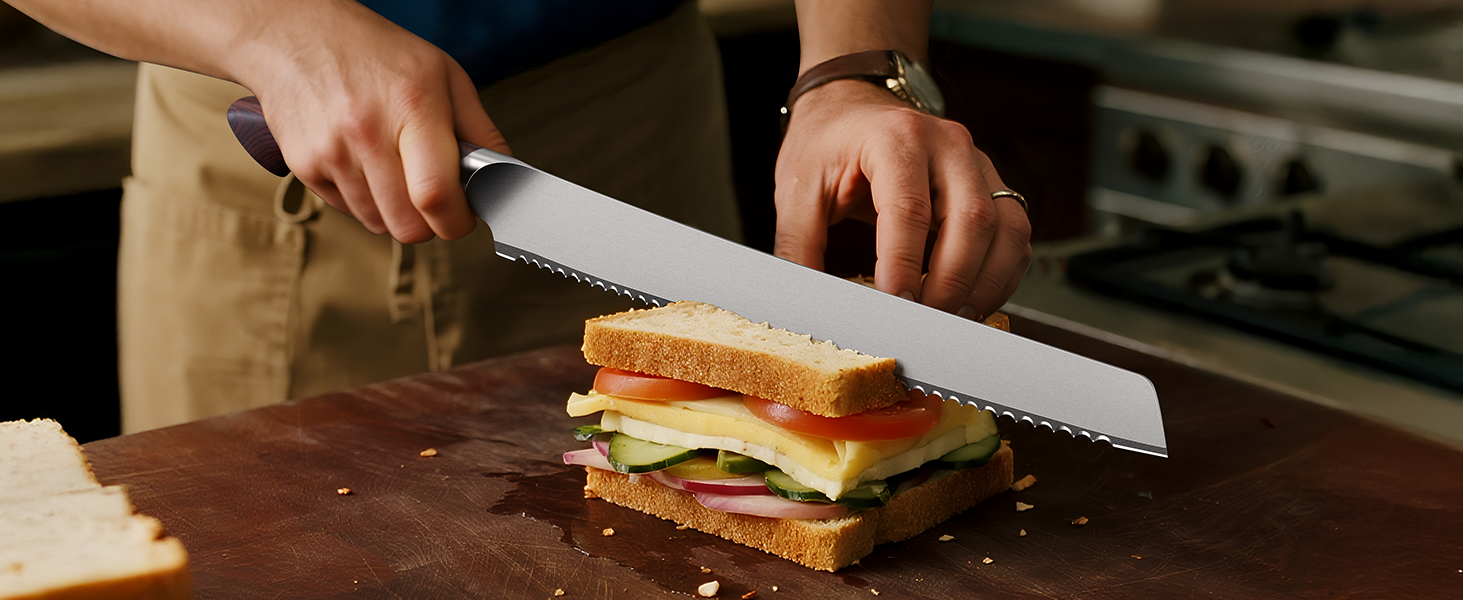 SHAN ZU Profi кухонний ніж 18 см - японський кухонний ніж з високоякісної сталі 10Cr15Mov, 12° заточка, ергономічна ручка з паккавуда - для м'яса, овочів, риби (хлібний ніж 25 см)