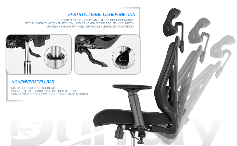 Ергономічне крісло для офісу з підголівником та підтримкою попереку, регульовані підлокітники та висота, поворотне крісло з регулюванням нахилу 90°-130° (фіксація), вантажопідйомність до 150 кг