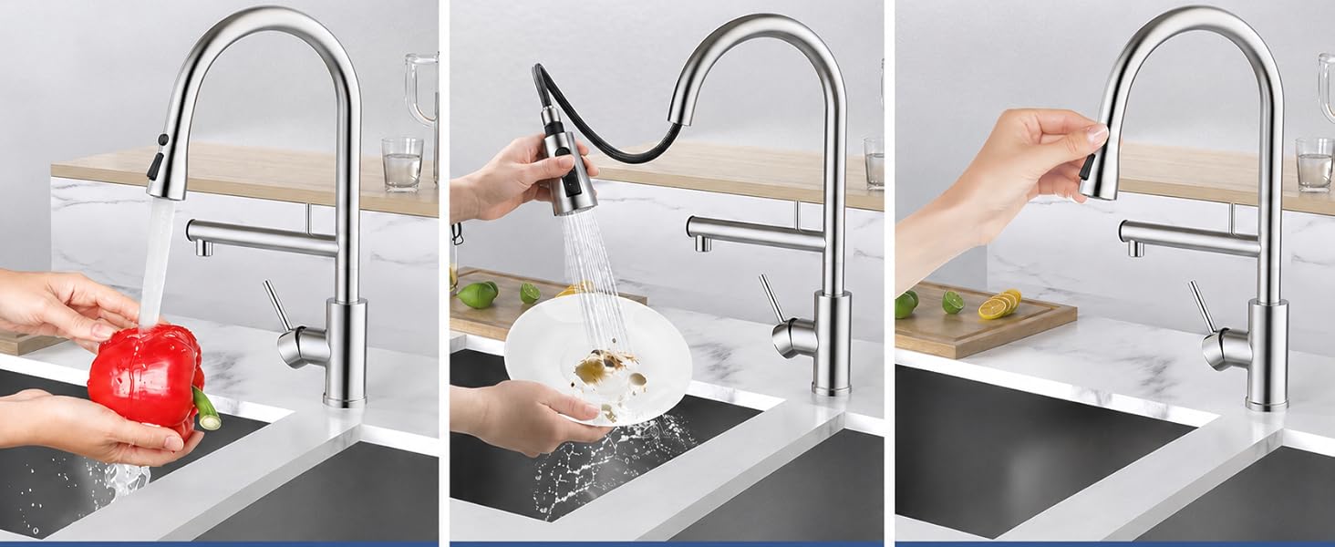 Змішувач кухонний FEELSO з фільтром, висувний, 2 режими струменя, поворотний 360°, нержавіюча сталь SUS304, без свинцю, матовий