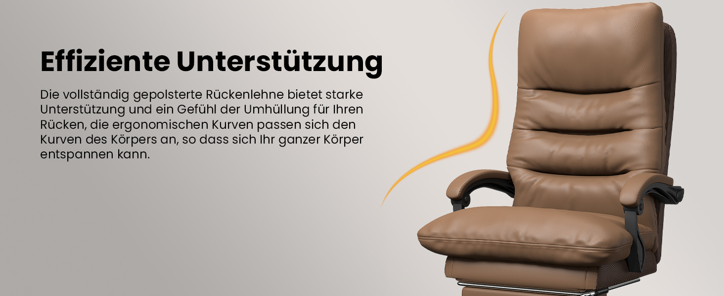 Ергономічне крісло для офісу Naspaluro з підніжкою, комп'ютерне крісло з подвійним шаром подушок, високою спинкою, функцією відкидання, регулюванням висоти, PU-шкіра, до 150 кг (колір: коричневий, штучна шкіра)