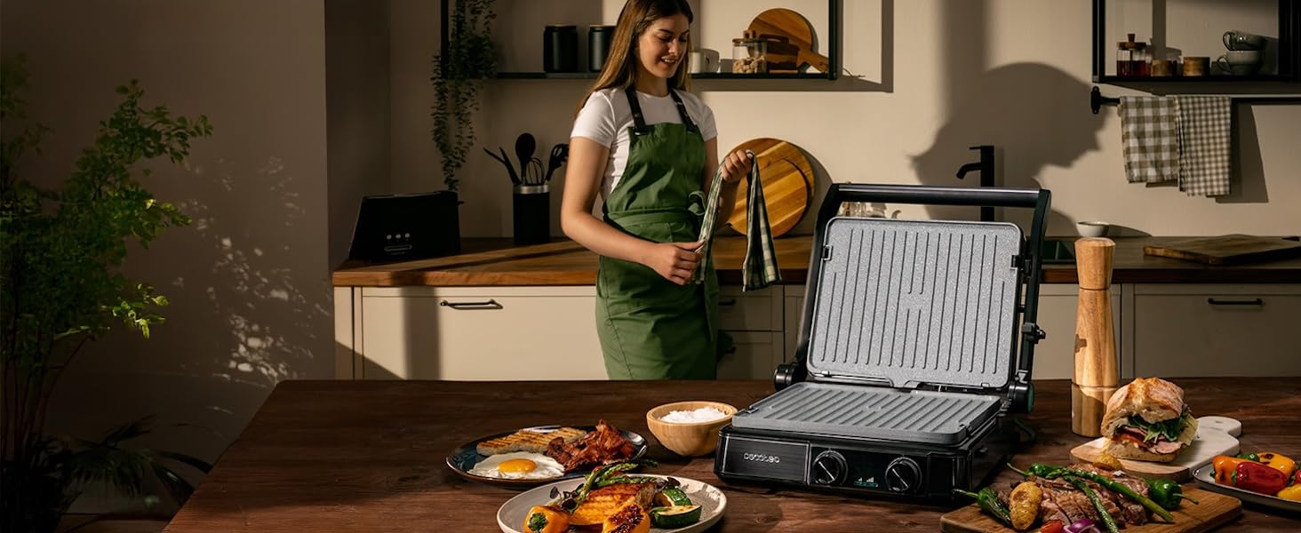 Електричний контактний гриль Cecotec Rock'nGrill 2200 Dual, розкладний на 180°, 29x23 см, 2200 Вт
