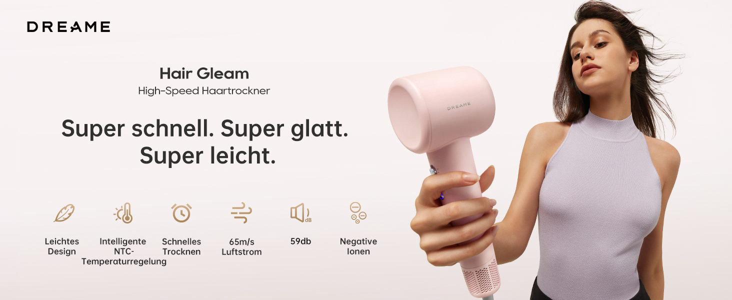 Фен Dreame Hair Gleam: Швидкий, з іонізацією та регулюванням температури, рожевий