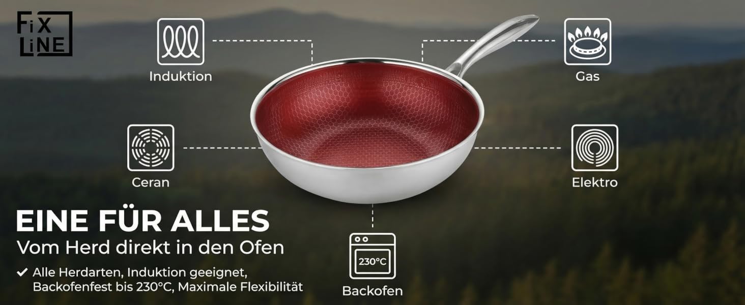 Сковорода-вок FIXLINE® Black Forest 28 см, антипригарне покриття без PTFE, для всіх типів плит (включаючи індукцію), підходить для духовки до 230°C, червона