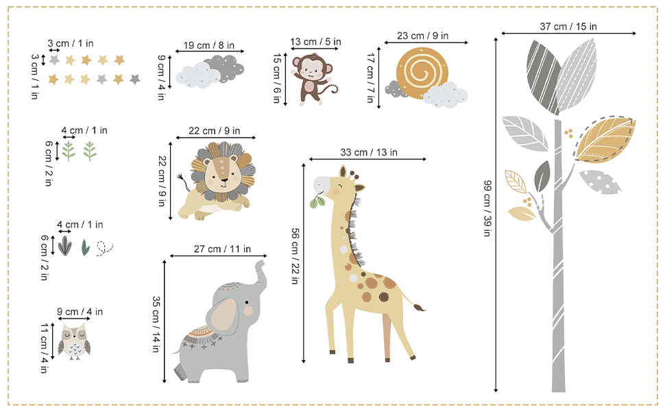 Наклейка на стіну із зображенням тварин, сафарі, дерева, наклейка на стіну, джунглі, слон, жираф, лев, наклейка на стіну, дитяча кімната, дитяча спальня, Настінний декор