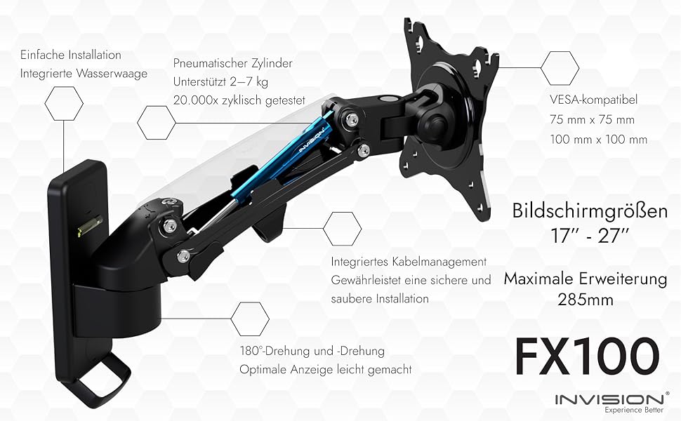 Кріплення для монітора Invision 17-27' з газовою пружиною, VESA 75x75/100x100, регулювання висоти, нахил, поворот, 2-7 кг [FX100]