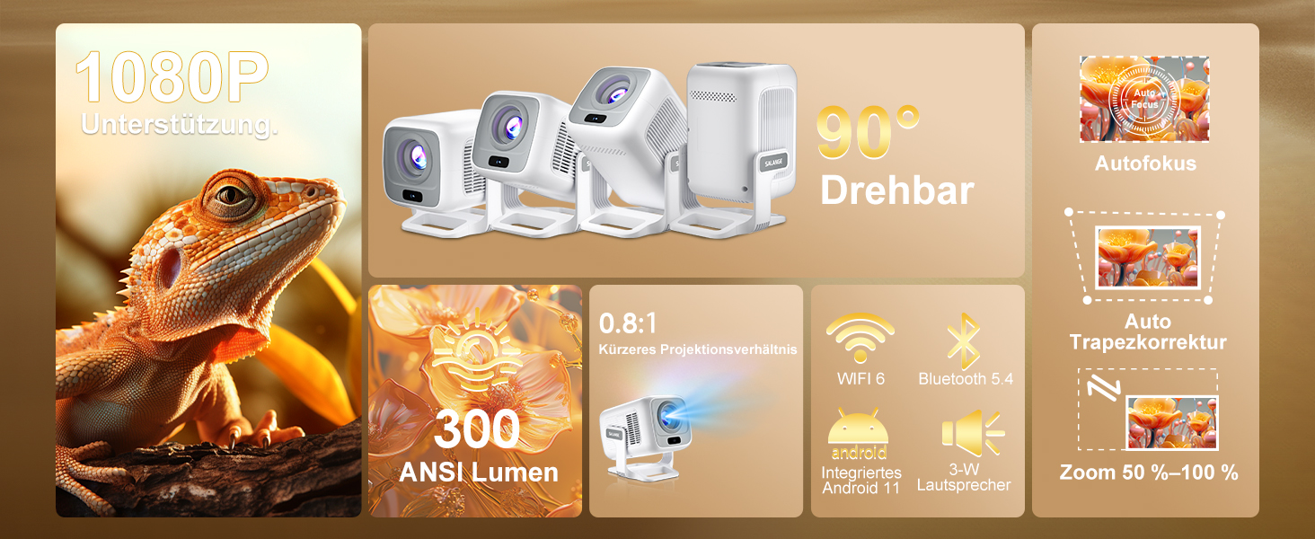 Міні проєктор Salange 4K з Wi-Fi 6, Bluetooth 5.2 та Android 11.0 для дому, смарт-проєктор з обертанням 180°, сумісний з телефоном/Xbox/ноутбуком/TV Stick/USB, білий (Sala260max)