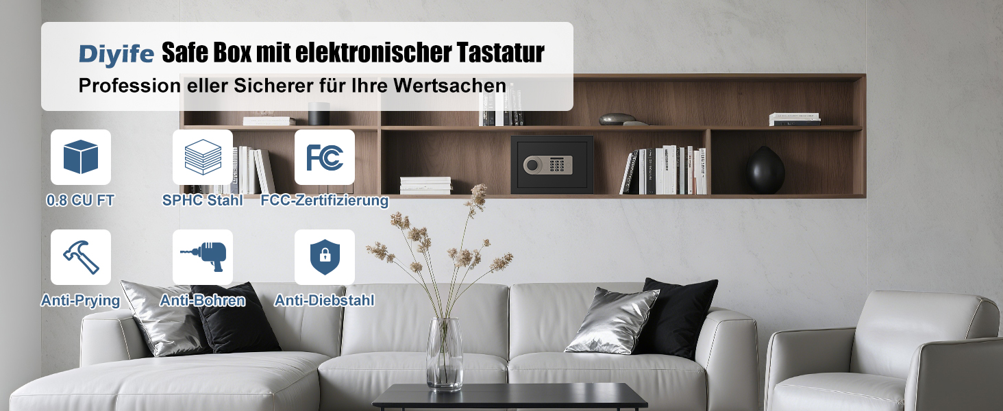 Сейф Diyife 16L з цифровим замком, сигналізацією та підсвіткою. Меблевий сейф з висувною полицею, з міцної сталі SPCC, 35x25x25 см, 2 ключі. Для дому, офісу, готелю.