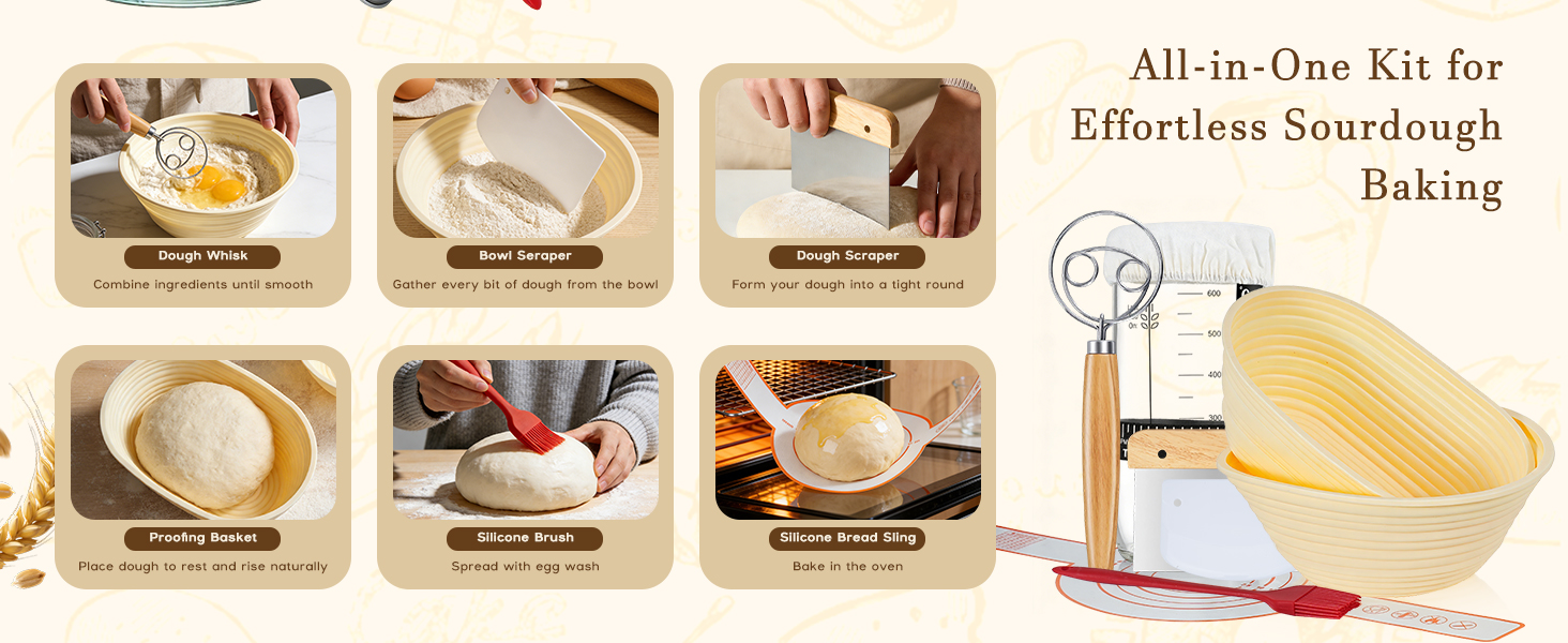 Набір для закваски з 19 частин: 2 гнізда для бродіння з силікону (23см та 25см), скляна тара для закваски, аксесуари для випічки, подарунок для початківців та професіоналів