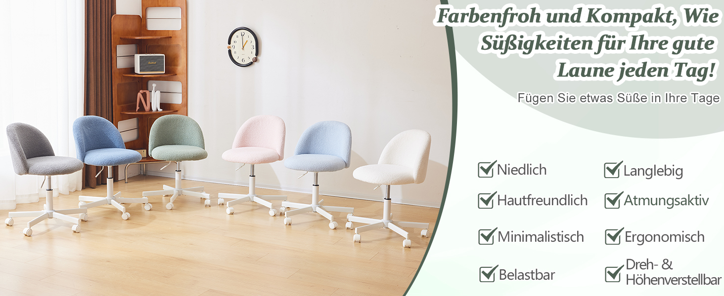 Офісне крісло Bonnlo з роликами, регульована висота, для робочого кабінету, спальні, home office, обшите тедді, білий (зелений)