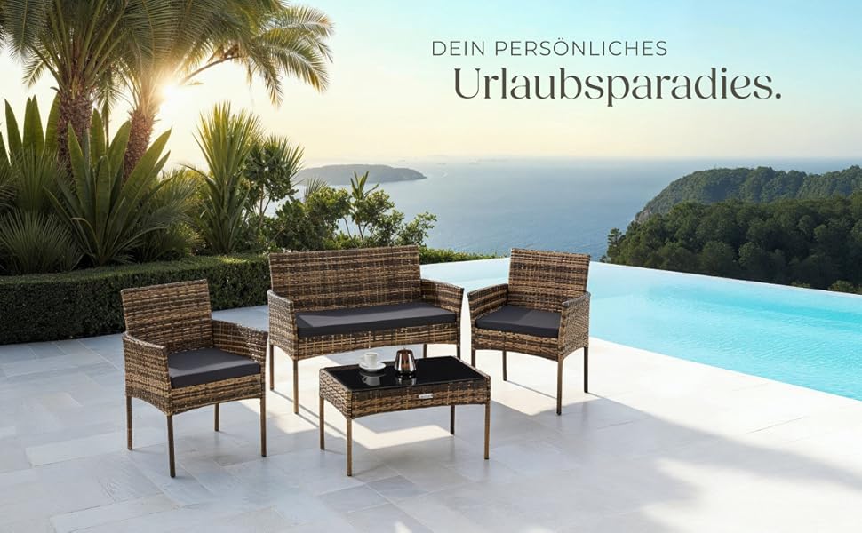 Набір садово-розкладних меблів tectake® з ротангу: банкетка, 2 крісла, столик, подушки, для балкона/тераси