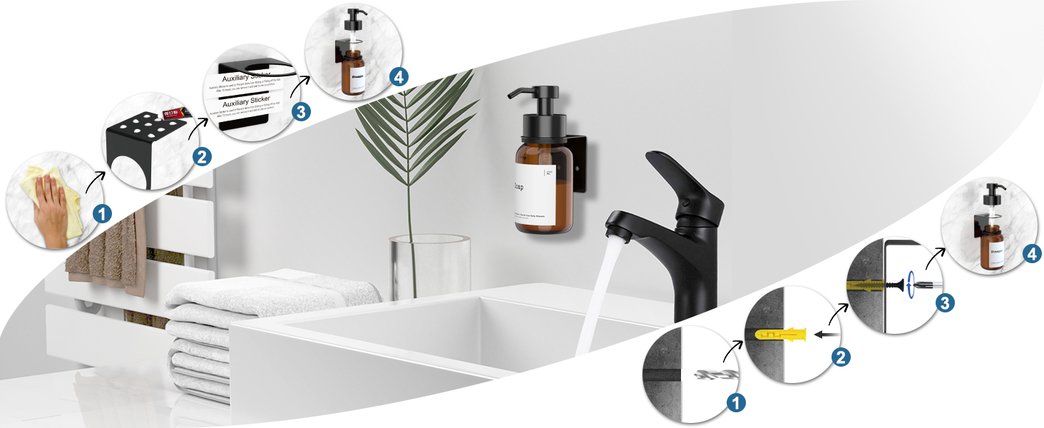 Настінний диспенсер для мила чорного кольору 250 мл - без свердління - для шампуню та гелю для душу