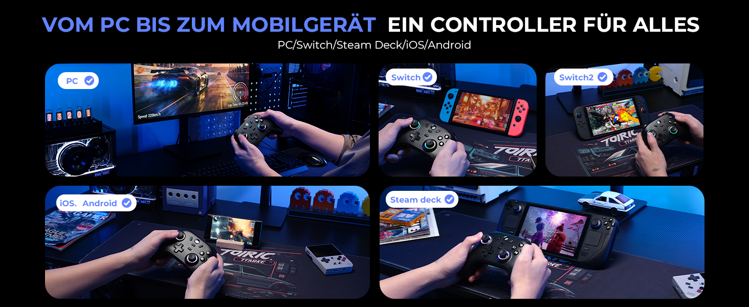Ігровий бездротовий контролер ECHTPower для PC, Switch, Steam Deck, Android, iOS — RGB-підсвітка, Hall-джойстики, Turbo, вібрація, акумулятор 800mAh, чорний