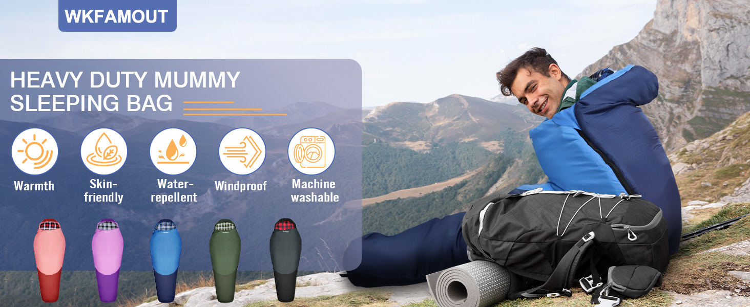 Туристичний спальний мішок WKFAMOUT Flanell 500GSM, -12℃ до 0℃, зимовий, для дорослих і дітей, 3-4 сезони, машінне прання, для кемпінгу та подорожей