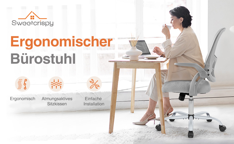 Офісний стіл Sweetcrispy з регульованими підлокітниками, ергономічний стілець для офісу, з підтримкою попереку, регульована висота, поворотний на 360°, з м'яким сидінням, чорний (сірий, регульовані підлокітники)