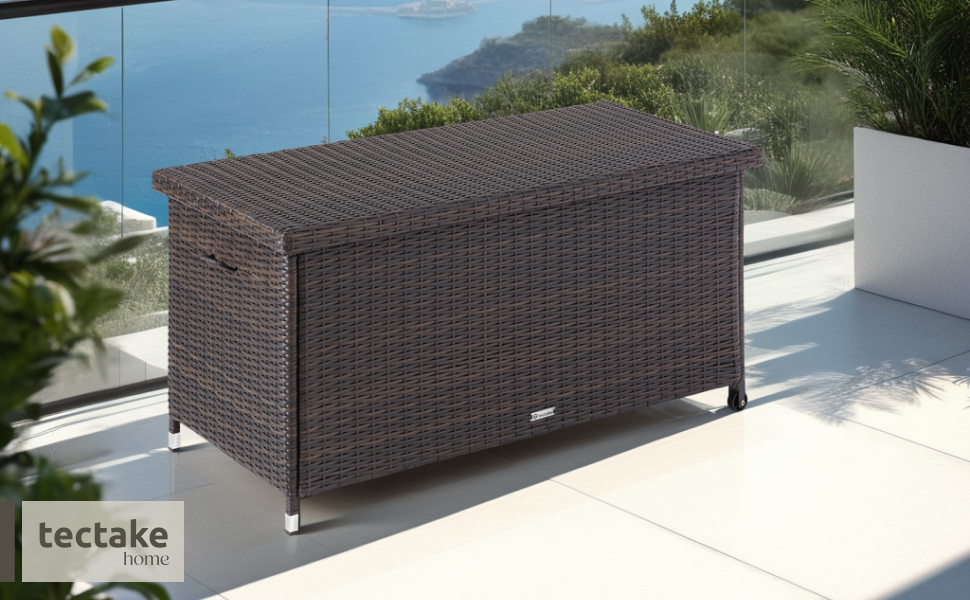 Ящик для подушок Tectake з ротангу, 270л, коричневий - водонепроникний, з замком, на колесах для саду, тераси, балкону