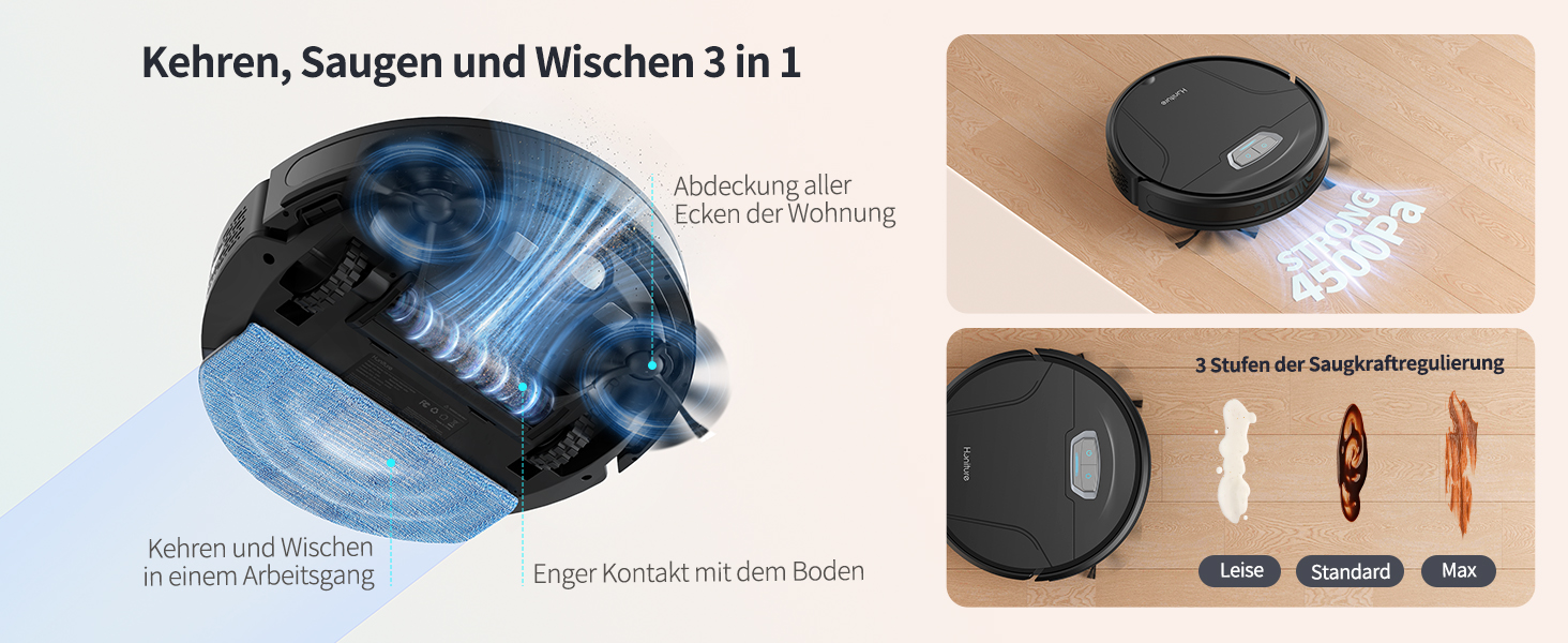 Робот-пилосос HONITURE G20 Pro з функцією миття, 4500Pa, керування через додаток, 180 хв роботи, для тварин, килимів та твердих підлог, чорний