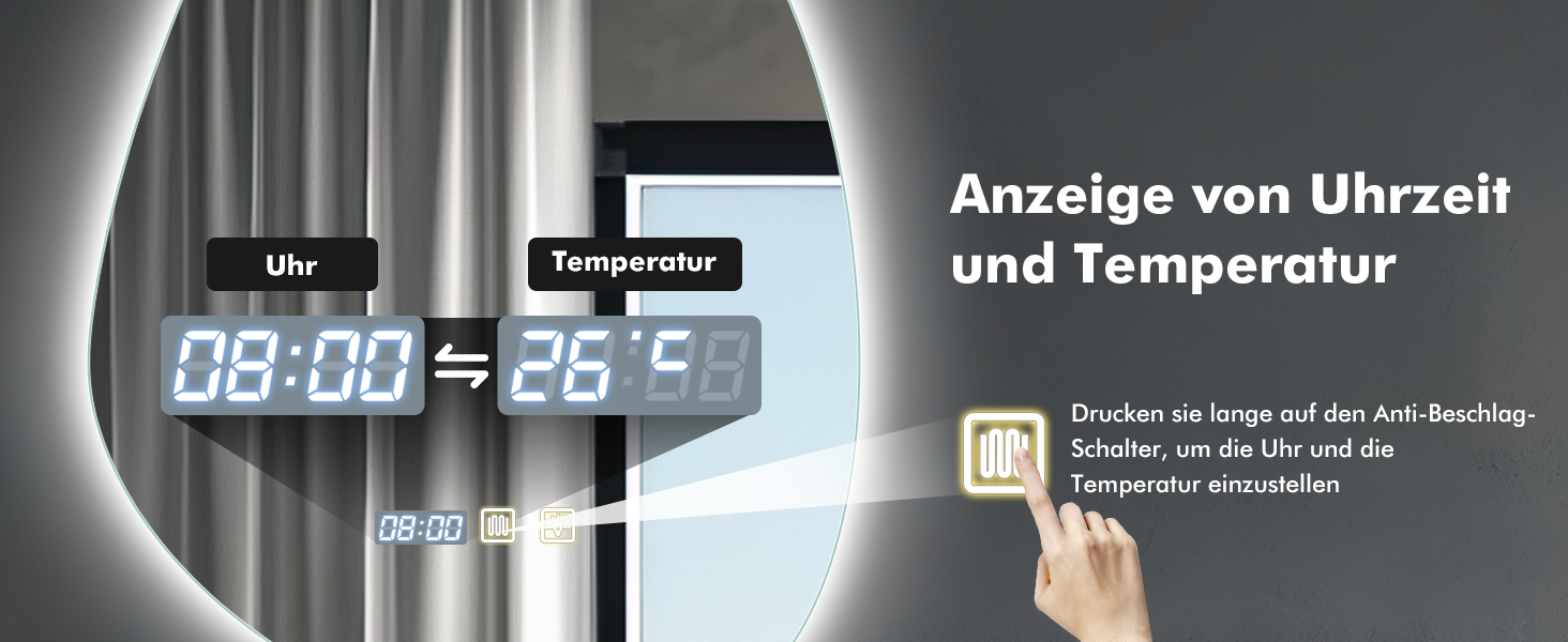Круглий дзеркало для ванної кімнати з підсвічуванням, 60 см, антизапар, LED, Bluetooth, сенсорне управління, 3000K-4000K-6500K, регулювання яскравості, HD-загартоване скло, дзеркало для ванної кімнати з підсвічуванням (500x700 мм, краплеподібної форми)