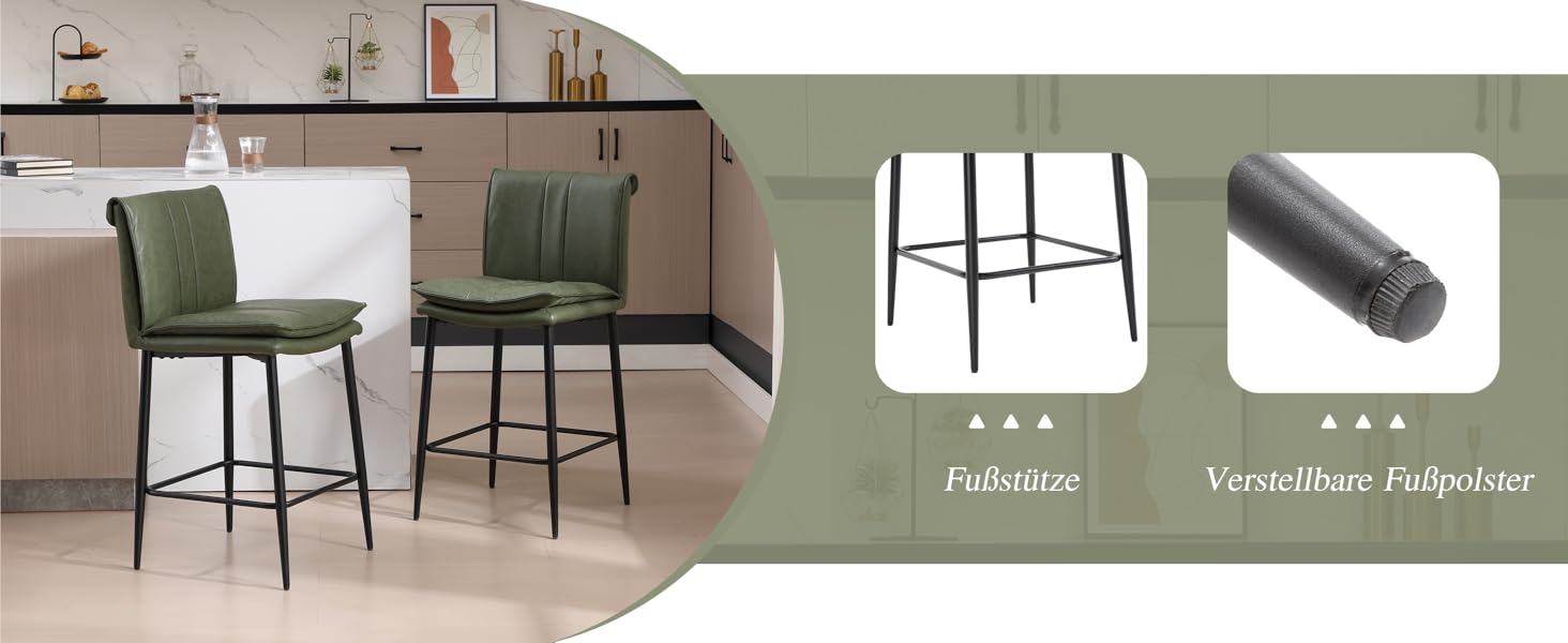 Набір з 2 барних стільців Chairus, зелені, з PU шкірою, для кухні та вітальні