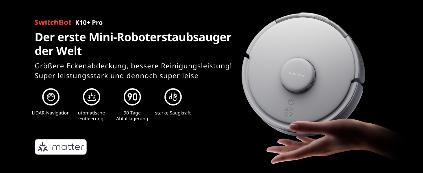 SwitchBot K10+ Pro Робот-пилосос з док-станцією для самостійного очищення, LiDAR-навігація, тиха робота 45dB, сумісний з Alexa