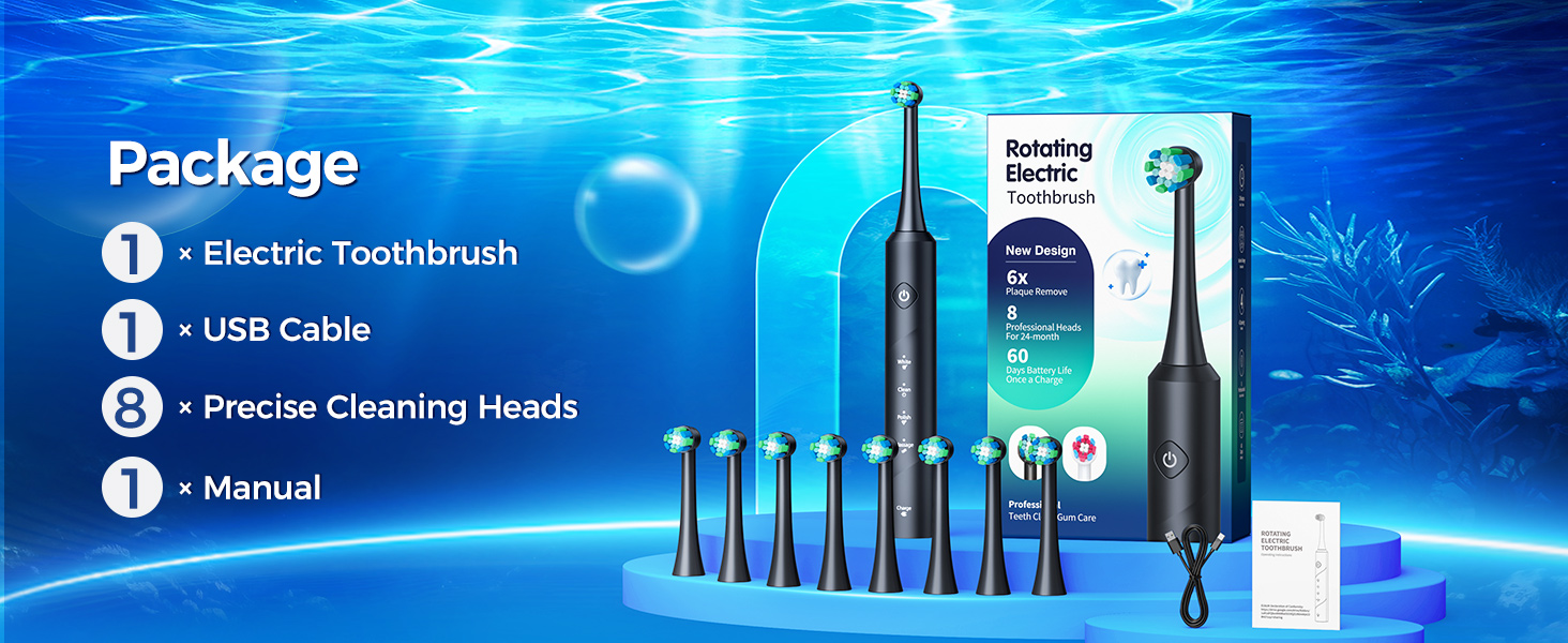 Електрична зубна щітка Rotierende для дорослих з 8 насадками, 4 режимами чищення, акумулятором на 60 днів та смарт-таймером 2 хв - професійна електрична зубна щітка (чорна)