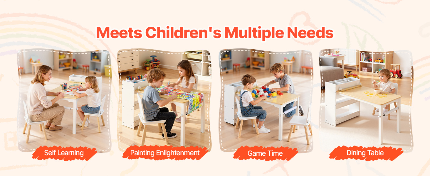 Дитячий стіл VEVOR з 2 стільцями та шафкою 3 ящики, набір для малювання, читання, письма, ігор, дитяча кімната, дитячий садок, білий + натуральне дерево, сучасний дизайн