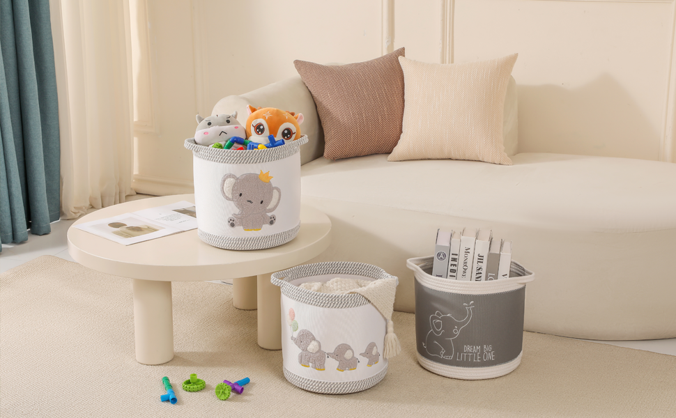 Набір кошиків для зберігання 3 шт. з плетіння, дитячі кошики для іграшок, білизни, складний органайзер для дитячої кімнати, для іграшок, одягу, м'яких іграшок, місткі та надійні кошики (Сірий слон)