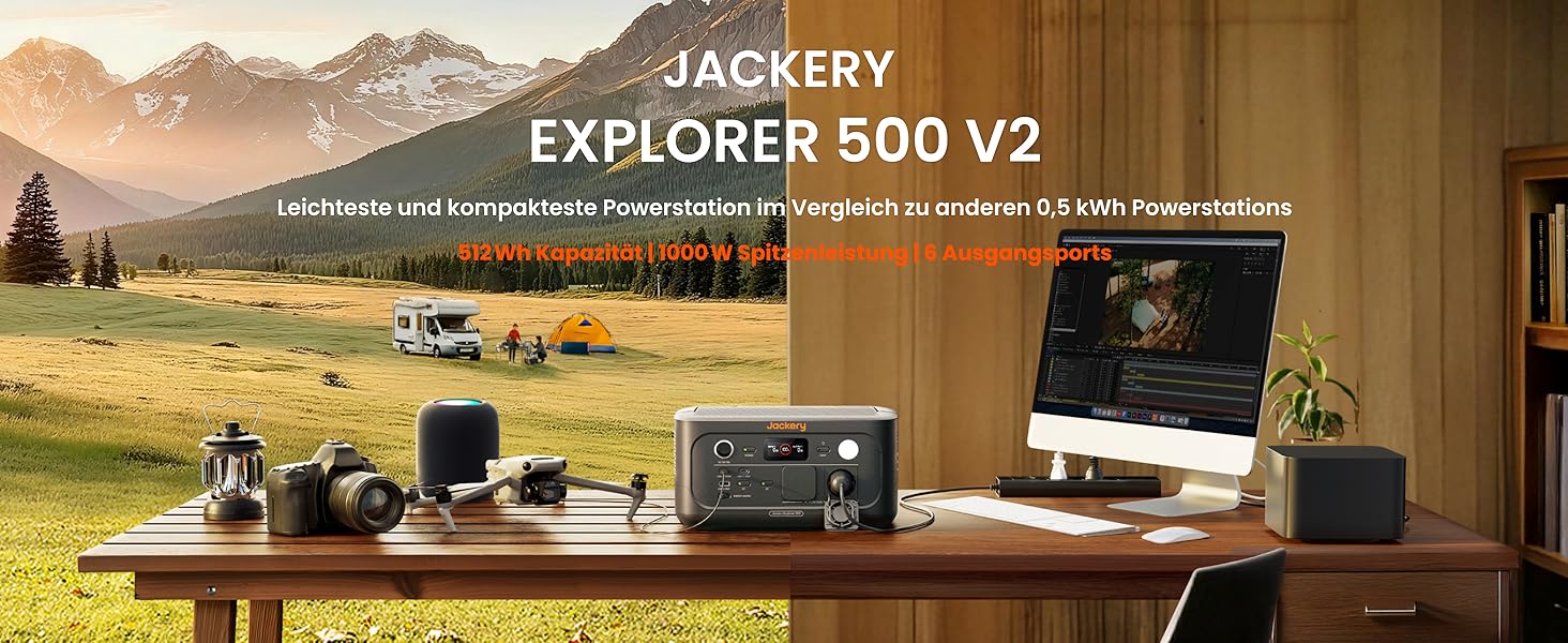 Портативна електростанція Jackery Explorer 500 V2, ємність 512 Wh, номінальна потужність 500 W, пікова потужність 1000 W