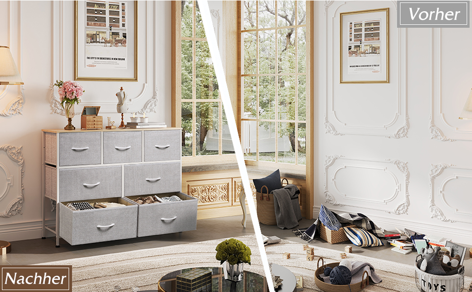 Комод WLIVE з тканини, 7 висувних ящиків, сірий - для спальні, вітальні