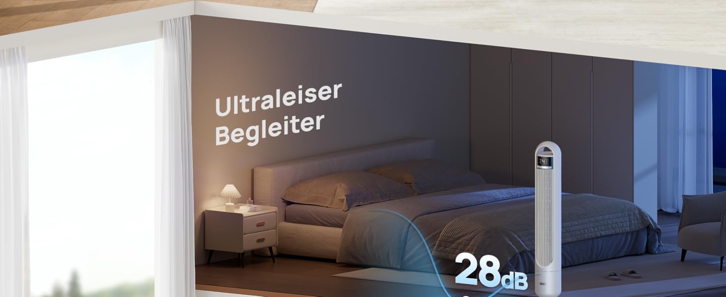 DREO Smart вентилятор без лопатей для спальні, тихий (28 дБ), висота 91.5 см, 4 режими, 3 режими роботи, таймер 8 год, керування через App, Alexa/Google, 90° поворот, для дому/офісу, білий