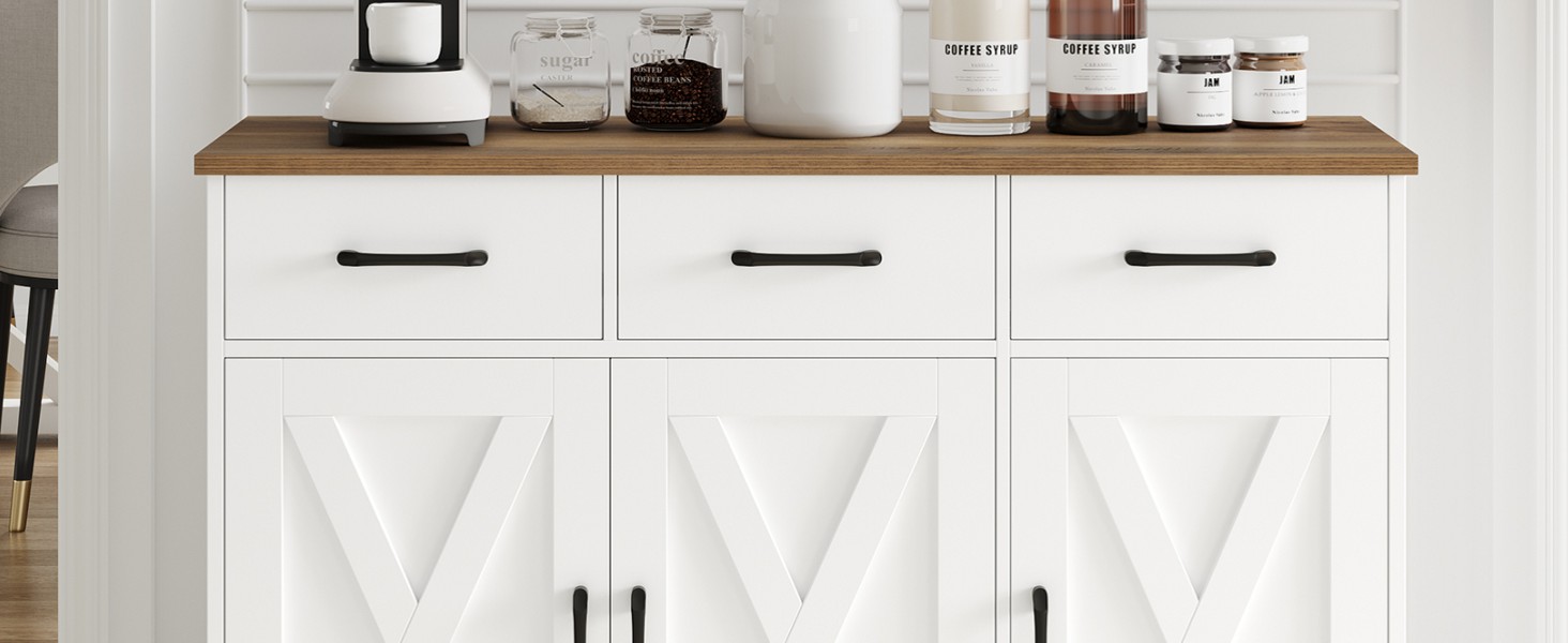 Сайдборд HOCSOK: кухонна шафа з 3 висувними ящиками та 3 дверцятами, буфет з робочою поверхнею, для кухні, їдальні, вітальні, дерево, білий & коричневий