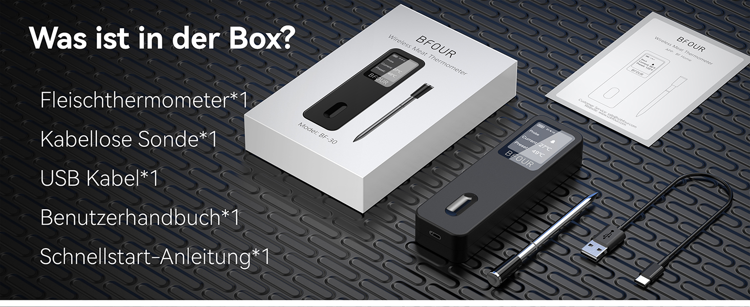 Термометр для м'яса BFOUR BF-30 PRO: бездротовий Bluetooth термометр для гриля з підключенням до додатку, LCD-дисплей, IP67 водонепроникний, для BBQ, духовки, гриля, кухні (чорний)