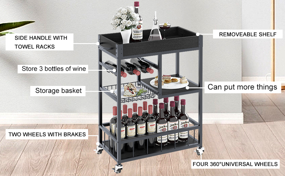 Сервізний візок Huhote з полицею для вина, барний візок, візок для напоїв, візок на колесах, візок для вина в їдальню, кухню, вітальню, бар, вечірку, з імітацією дерева (чорний, металевий кошик)