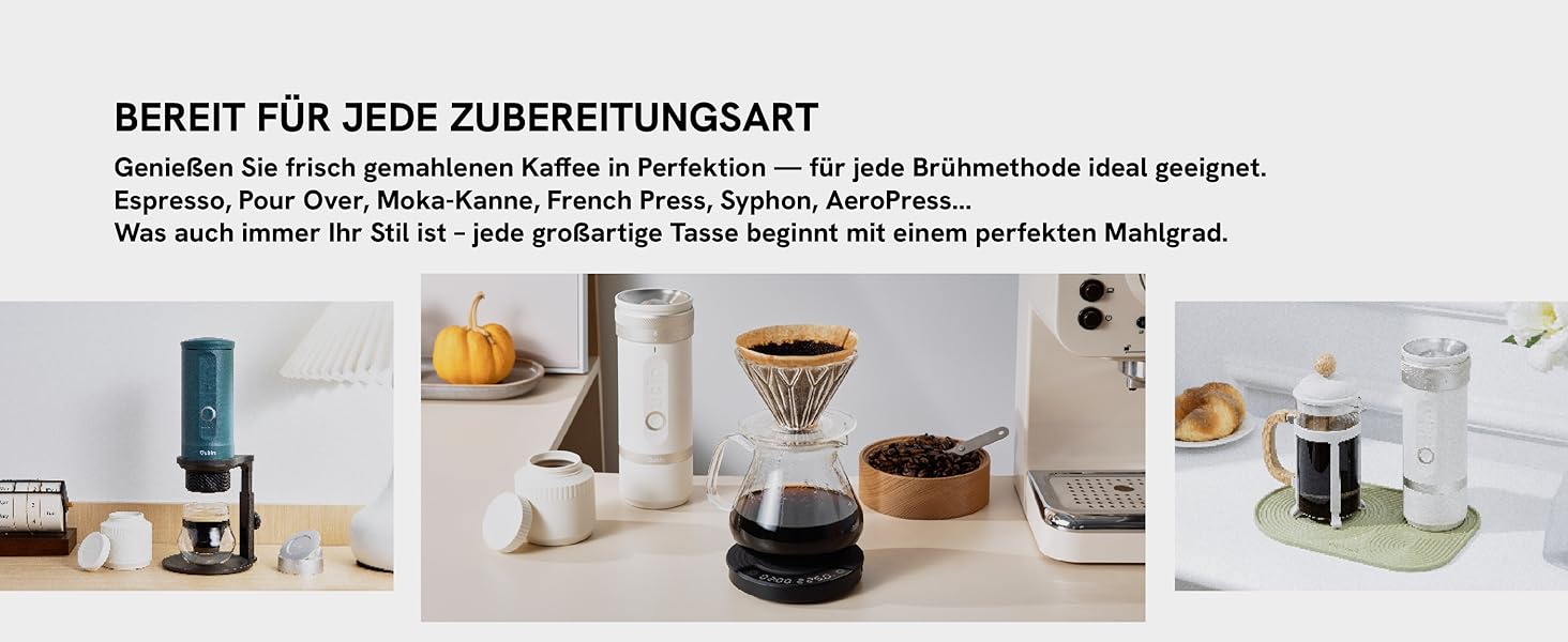 Портативна електрична кавомолка OutIn Fino з конічним жорнами - 28 ступенів помелу, конус з нержавіючої сталі, керування однією кнопкою, швидка зарядка, для подорожей та дому, Tundra Brown