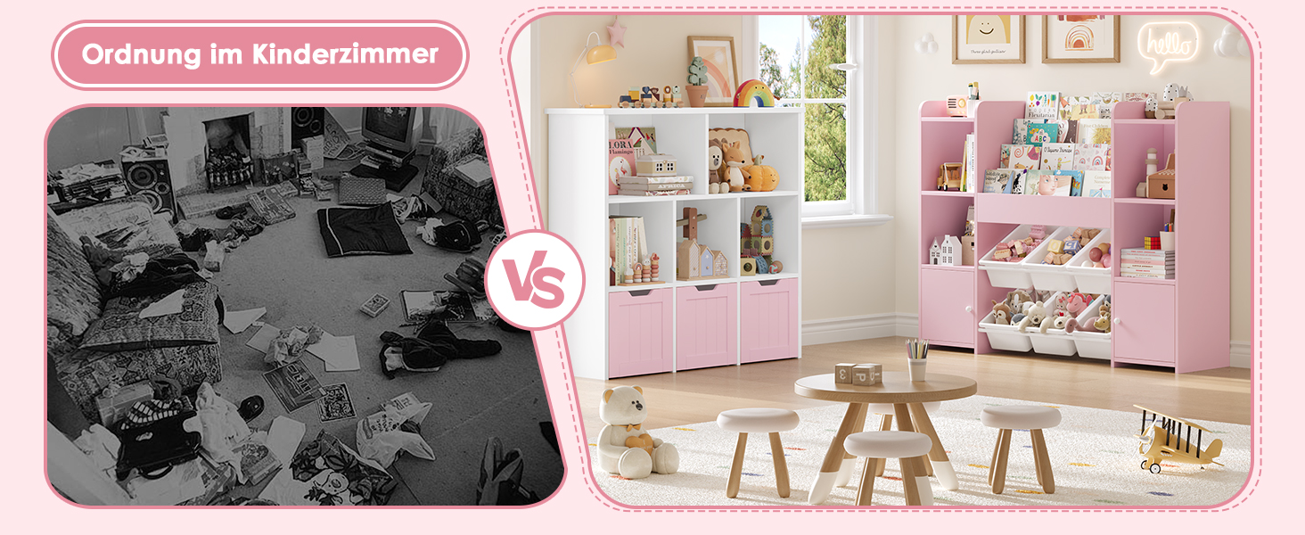 FOREHILL Дитяча полиця-стеллаж для іграшок та книг з 6 ящиками, 119 x 29,5 x 94 см, білий (рожевий)