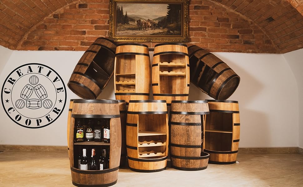 Дерев'яний бар з полицями для вина CREATIVE COOPER Fass - LED підсвітка, 80x50 см, стилістика рустік