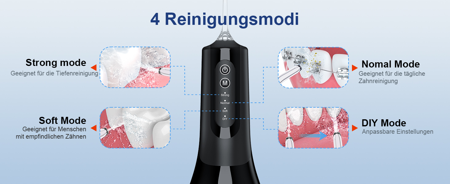 Електрична ірigator для порожнини рота Munddusche: покращена модель 2025, 260 мл резервуар, IPX7 водонепроникність, 5 насадок, 4 режими, для подорожей та дому. Чорний