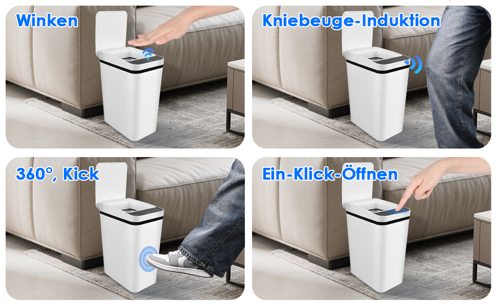 Набір з 2 відер для сміття з сенсором, 12л, автоматичний відкривання кришки, 3 режими роботи, тихе, водонепроникне, інтелектуальне відро для сміття, для кухні, офісу, вітальні, ванної кімнати (Чорний+Білий)