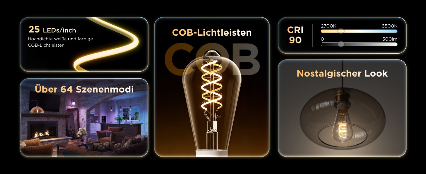 Розумна LED лампа Govee Smart Edison E27 RGBWW, 500лм, димнування, форма ST64, набір 2 шт