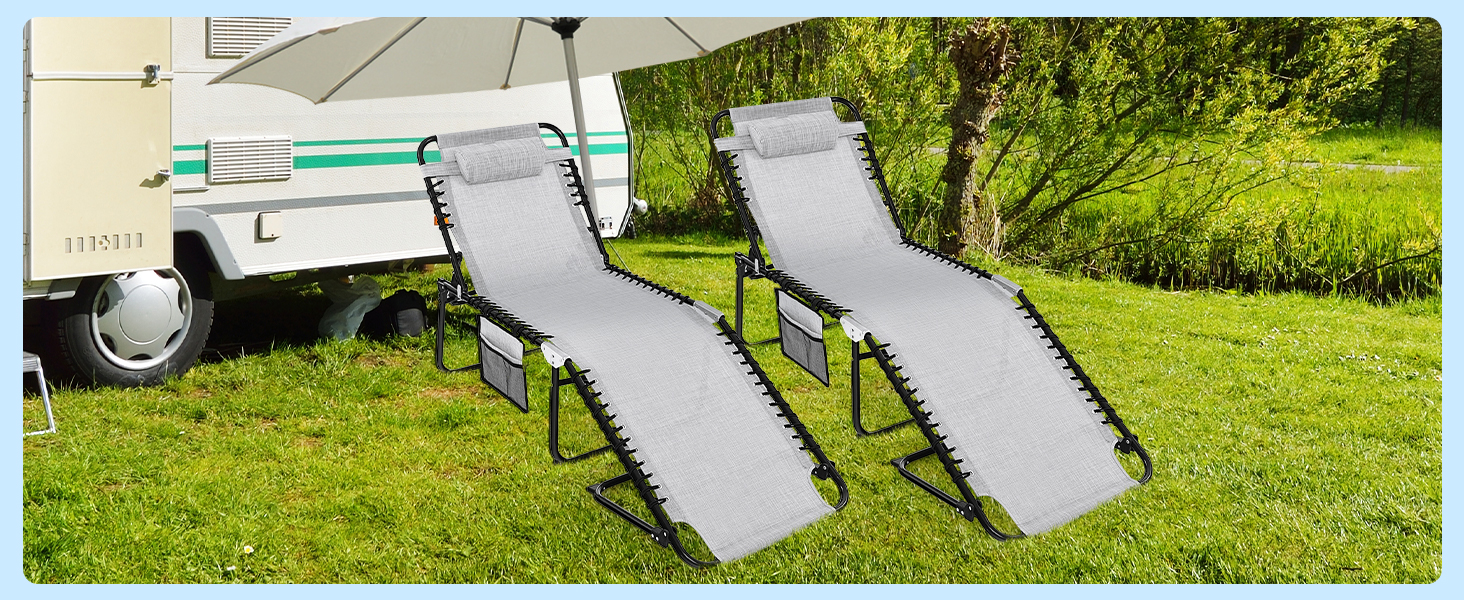 Шезлонг для саду Costway з підголівником та кишенею, висока посадка, регульована спинка, вантажопідйомність до 150 кг, сірий (188 x 59 x 41 см)