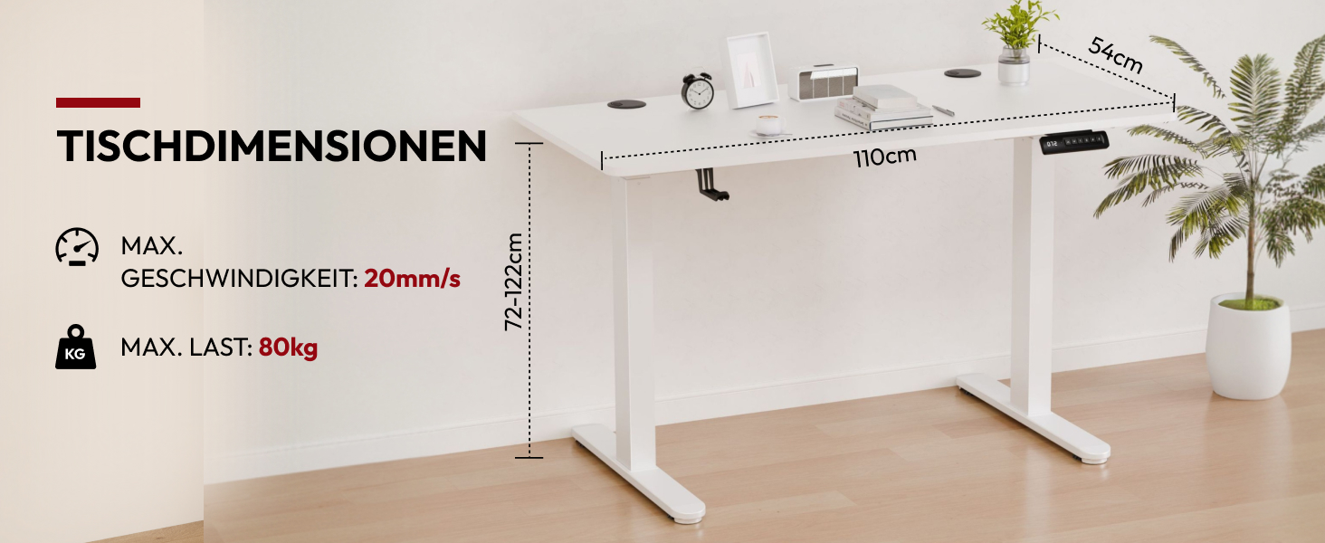 Регульований за висотою стіл Sanodesk з двомоторним приводом та вбудованим бездротовим зарядним пристроєм 15W, Smart Desk з 4 позиціями пам'яті, стільниця з масиву дерева 110x54 см, до 80 кг навантаження (110 x 54 см Pro, Білий)